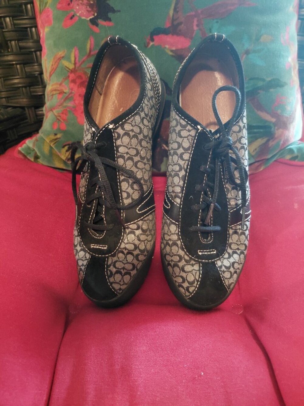 Coach Kelby Black White Stitch Trimming Canvas Leather Signature Shoes 6.5